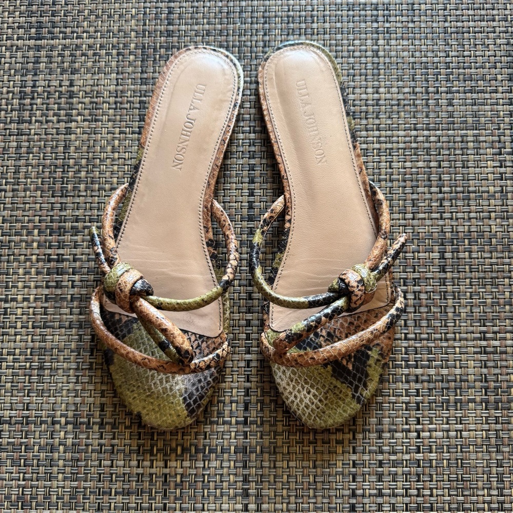 Ulla Johnson Brown Green Snake-Print Slide Sandals size 7